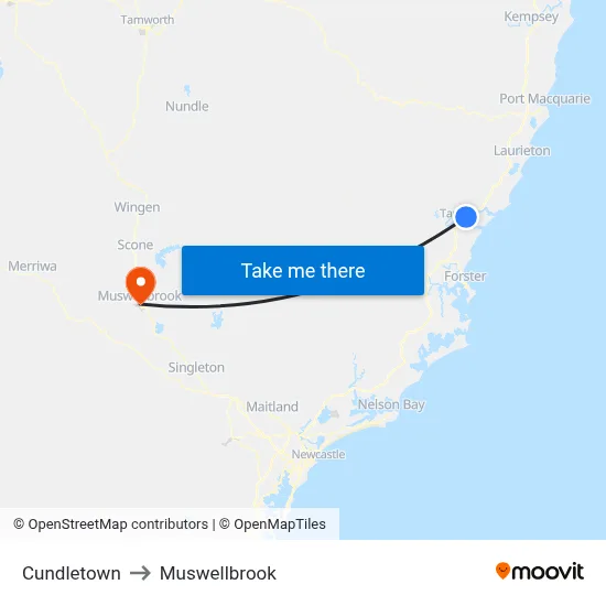 Cundletown to Muswellbrook map
