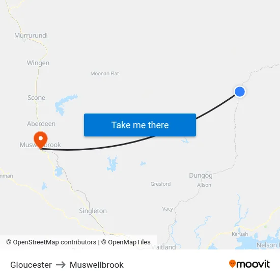 Gloucester to Muswellbrook map