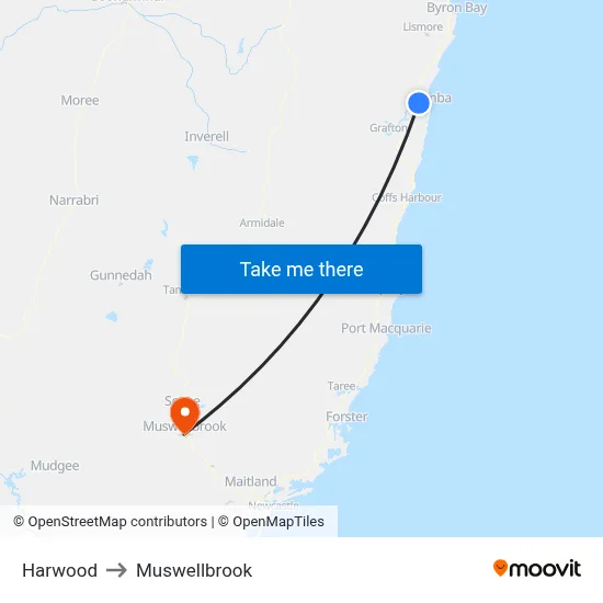 Harwood to Muswellbrook map