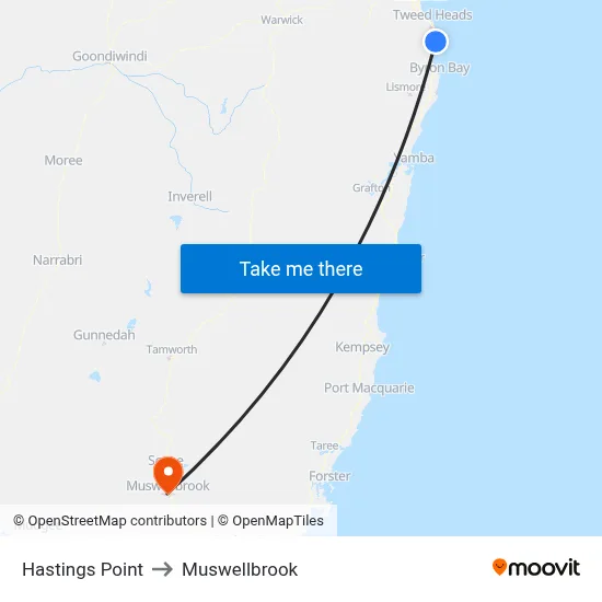 Hastings Point to Muswellbrook map