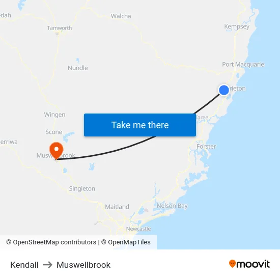 Kendall to Muswellbrook map