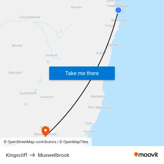 Kingscliff to Muswellbrook map