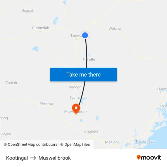 Kootingal to Muswellbrook map