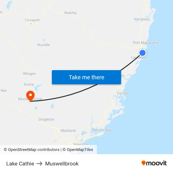Lake Cathie to Muswellbrook map