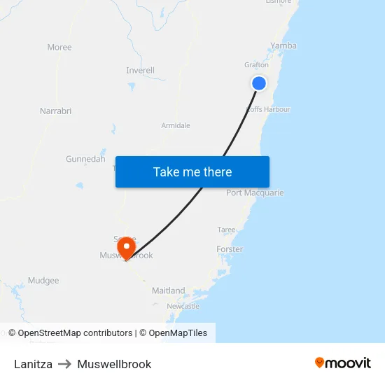 Lanitza to Muswellbrook map