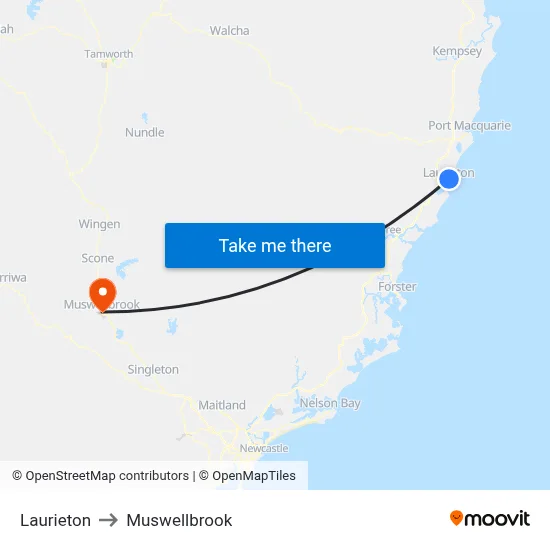 Laurieton to Muswellbrook map