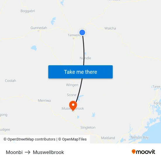 Moonbi to Muswellbrook map