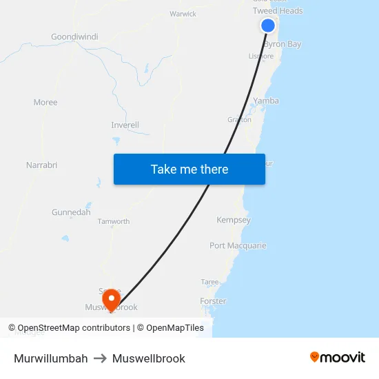 Murwillumbah to Muswellbrook map