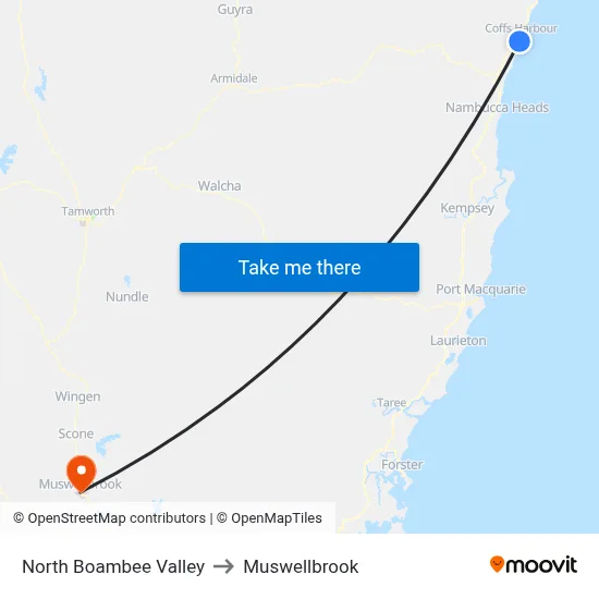 North Boambee Valley to Muswellbrook map