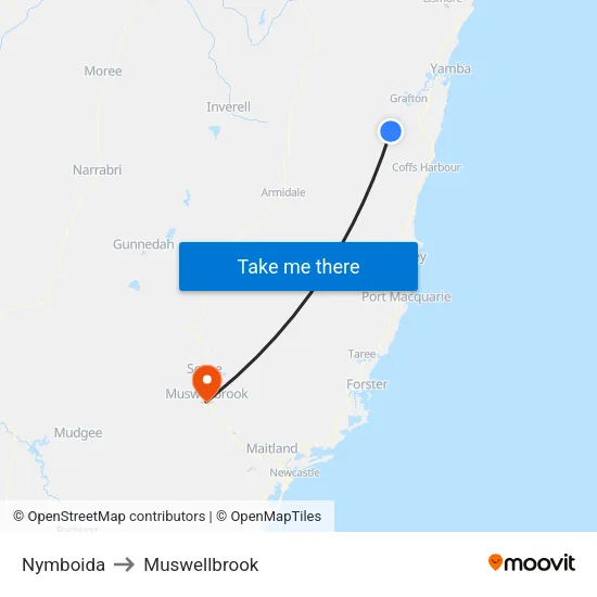 Nymboida to Muswellbrook map