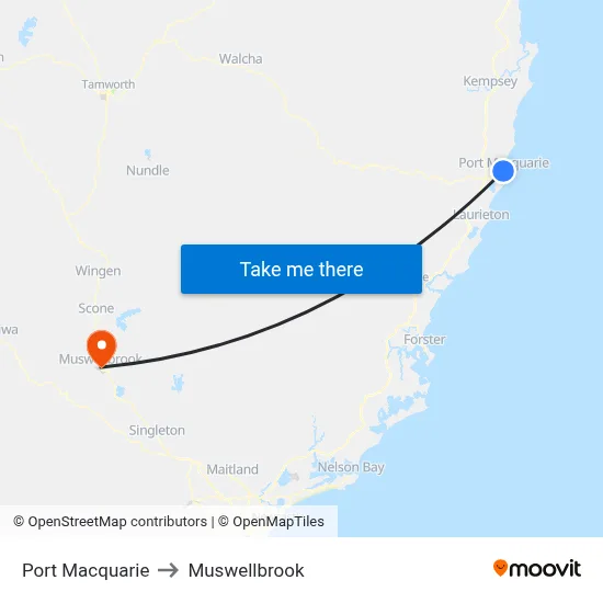 Port Macquarie to Muswellbrook map