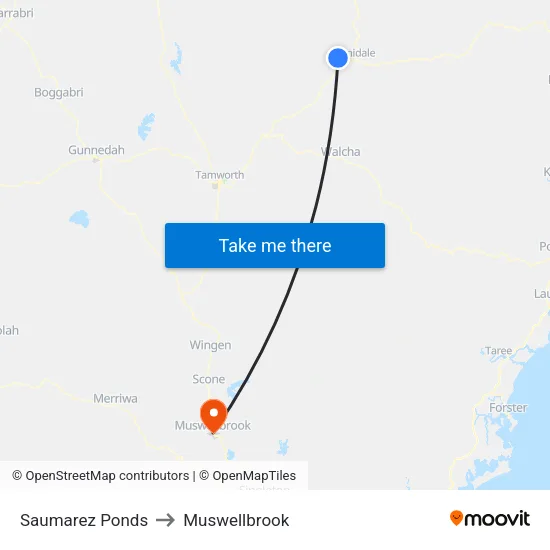 Saumarez Ponds to Muswellbrook map