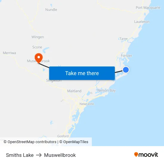 Smiths Lake to Muswellbrook map