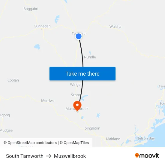 South Tamworth to Muswellbrook map