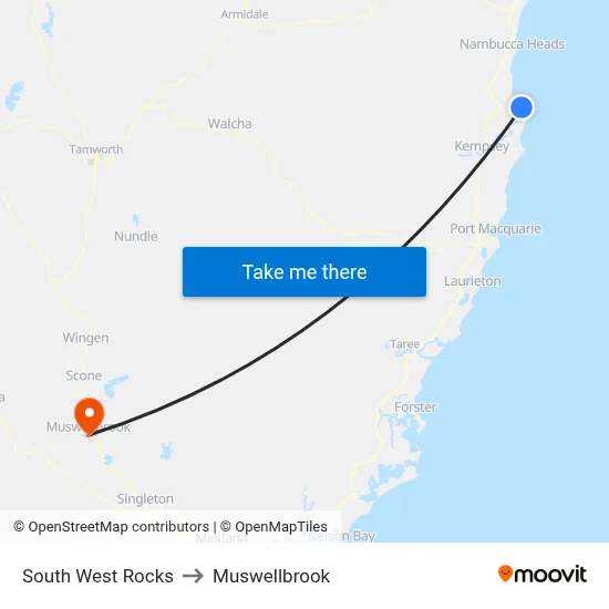 South West Rocks to Muswellbrook map
