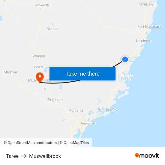 Taree to Muswellbrook map