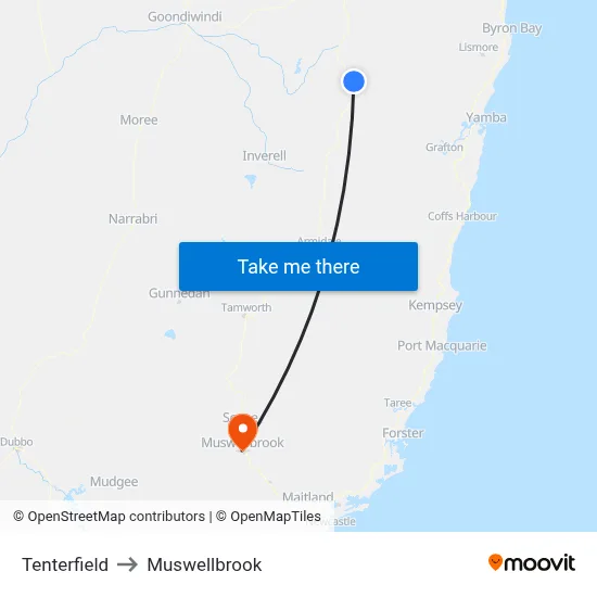 Tenterfield to Muswellbrook map