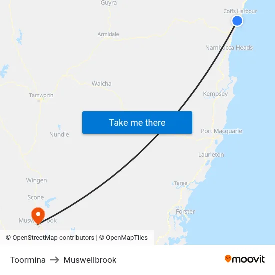 Toormina to Muswellbrook map