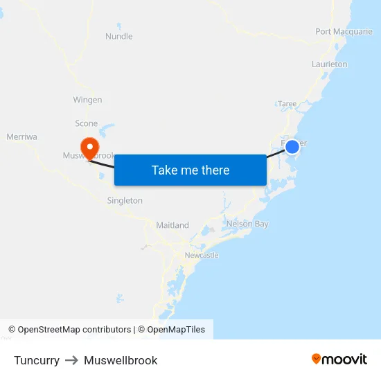 Tuncurry to Muswellbrook map