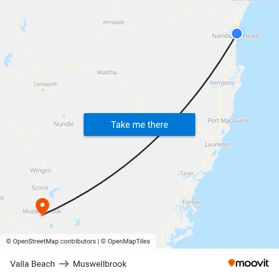Valla Beach to Muswellbrook map