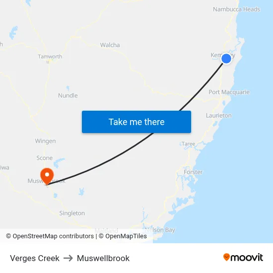 Verges Creek to Muswellbrook map