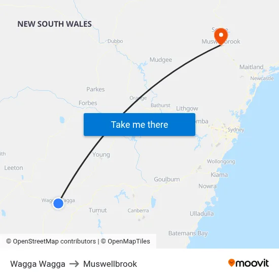 Wagga Wagga to Muswellbrook map