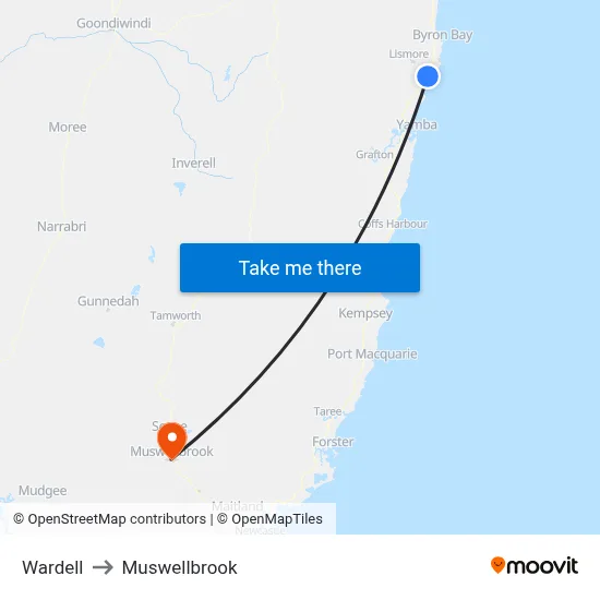 Wardell to Muswellbrook map