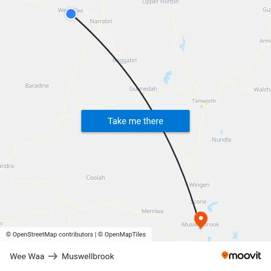 Wee Waa to Muswellbrook map