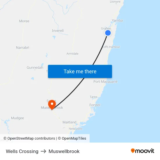 Wells Crossing to Muswellbrook map
