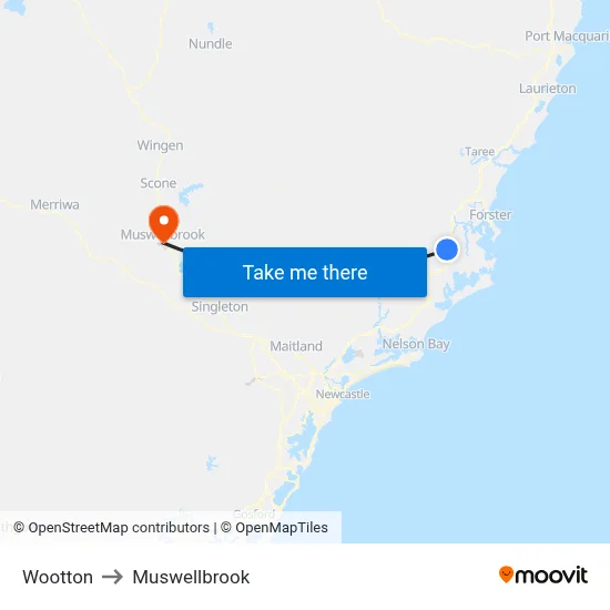 Wootton to Muswellbrook map