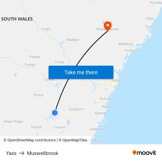 Yass to Muswellbrook map