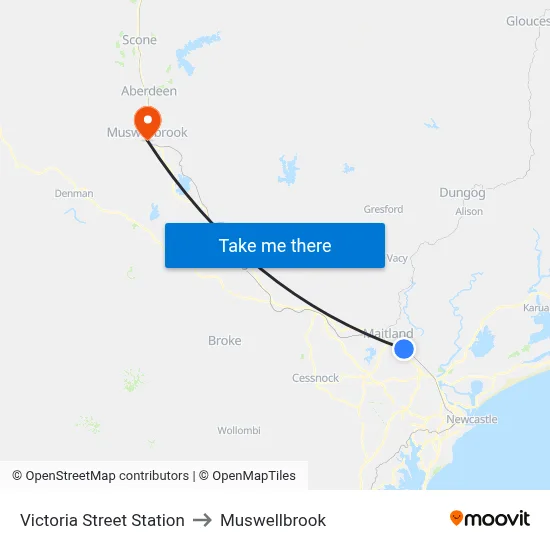 Victoria Street Station to Muswellbrook map