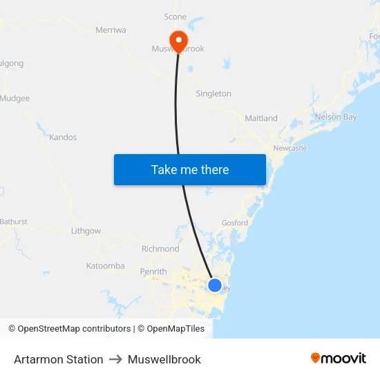Artarmon Station to Muswellbrook map