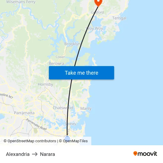 Alexandria to Narara map