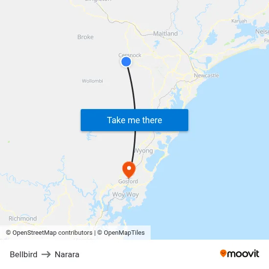 Bellbird to Narara map