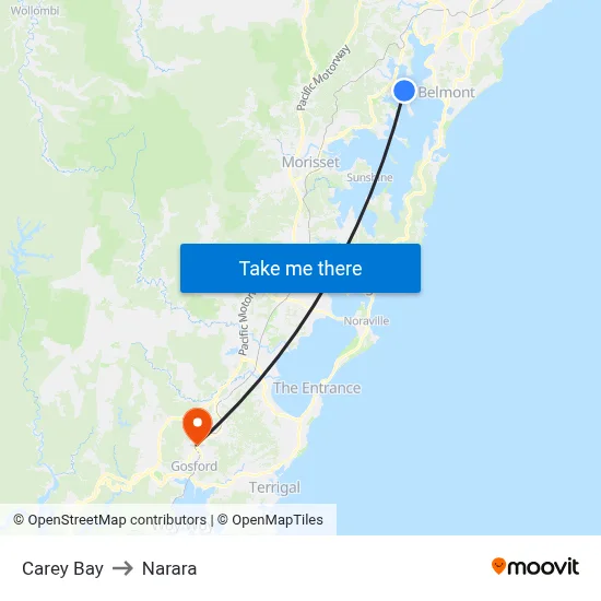Carey Bay to Narara map