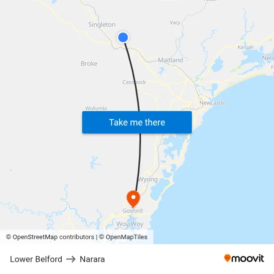 Lower Belford to Narara map