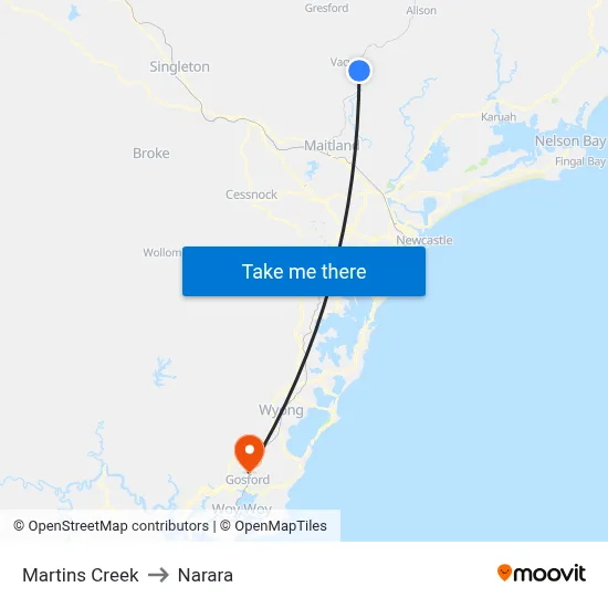Martins Creek to Narara map