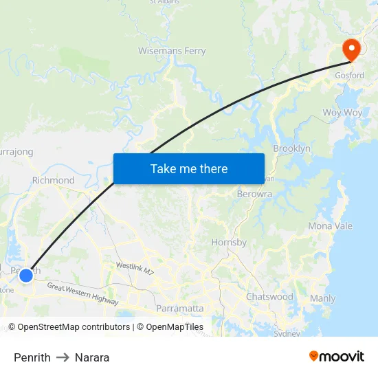 Penrith to Narara map