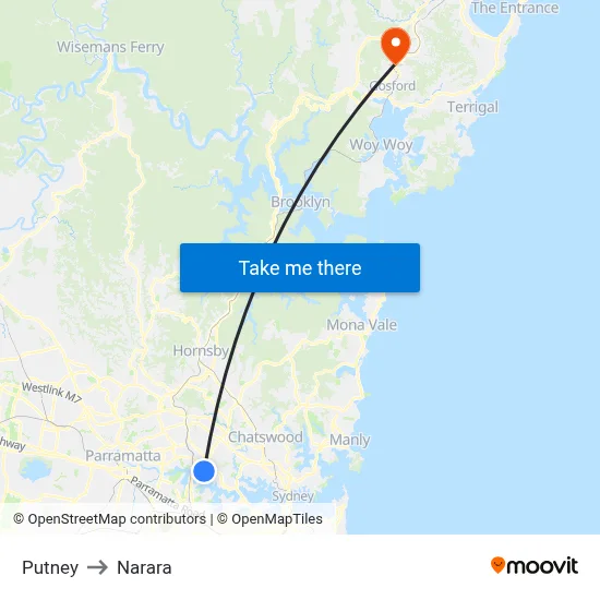 Putney to Narara map