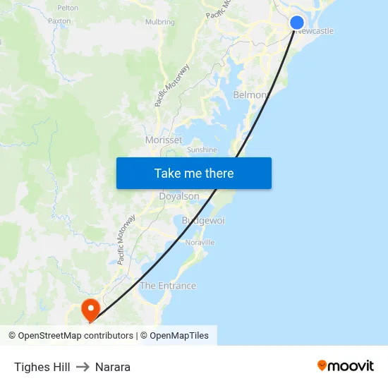 Tighes Hill to Narara map
