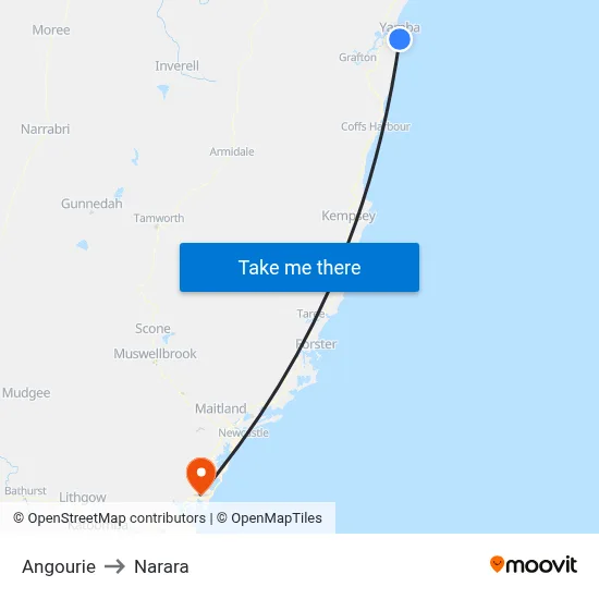 Angourie to Narara map