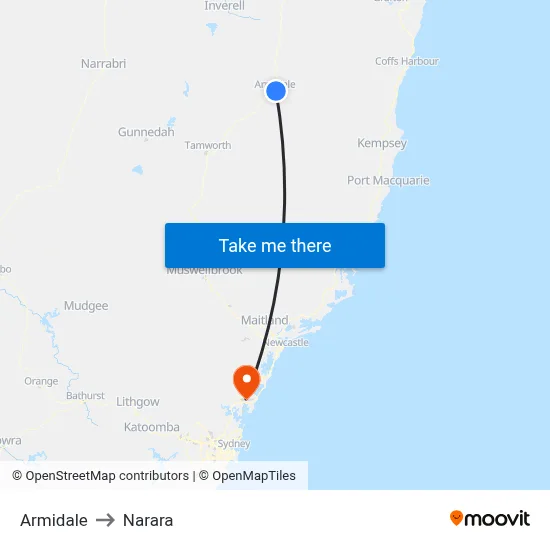 Armidale to Narara map