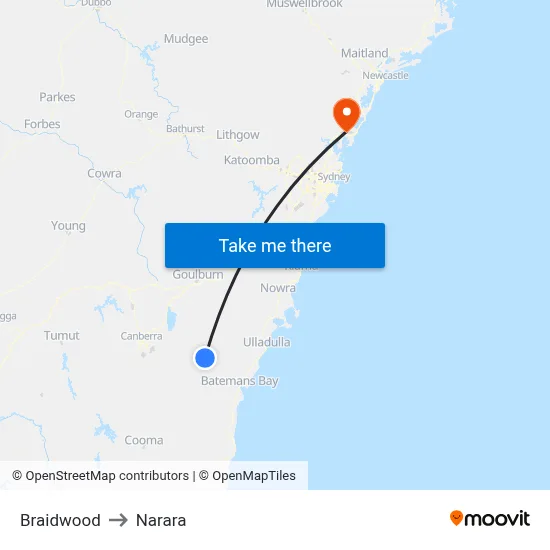Braidwood to Narara map