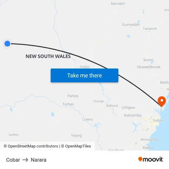 Cobar to Narara map