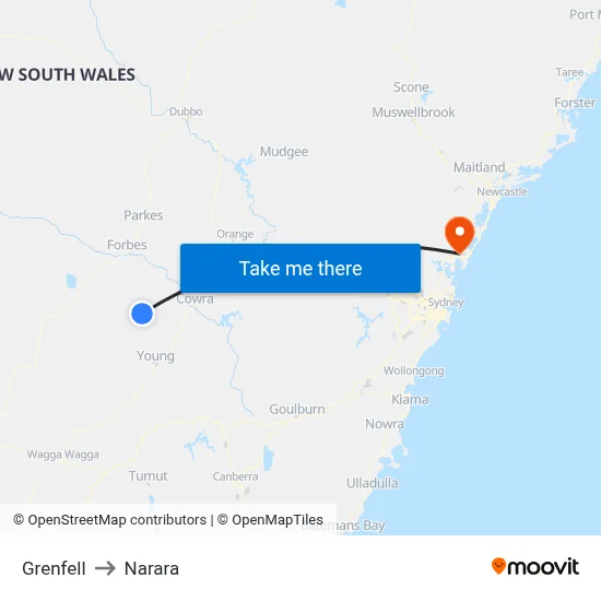 Grenfell to Narara map