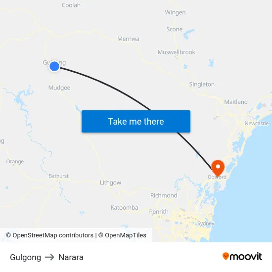 Gulgong to Narara map
