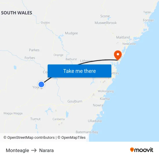 Monteagle to Narara map