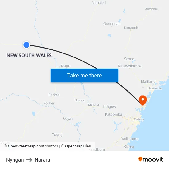 Nyngan to Narara map