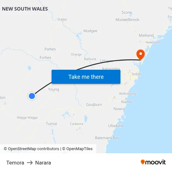Temora to Narara map